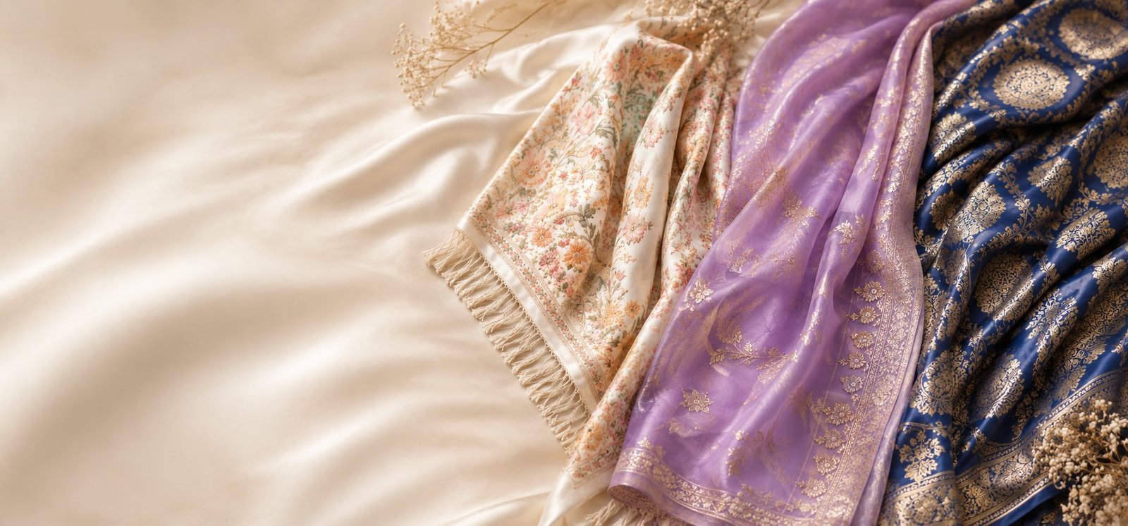 Premium handcrafted fabrics — floral silk, lilac organza and blue gold brocade